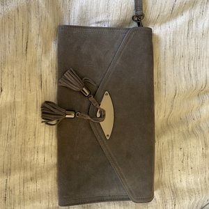 White House Black Market Gray Suede Clutch